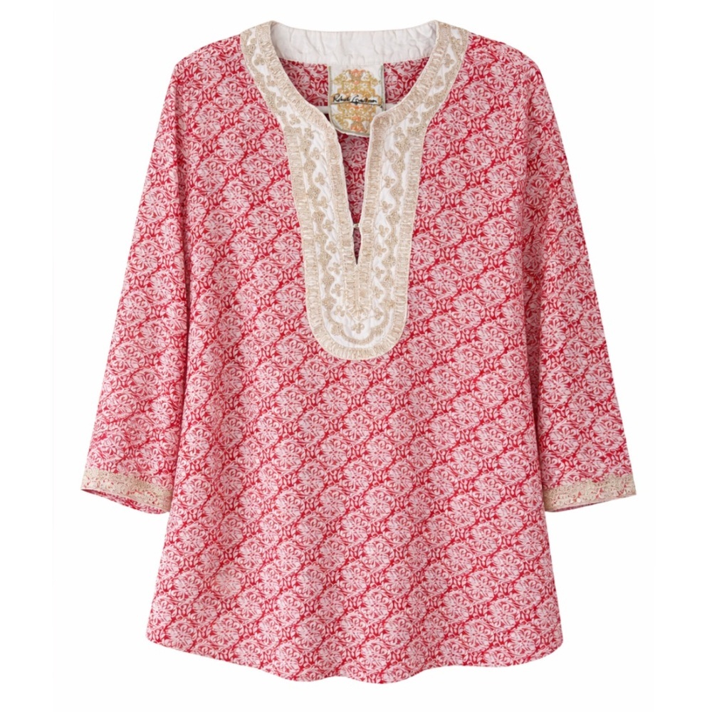 Robert Graham Red & Cream Embroidered Split-Neck Tunic Top